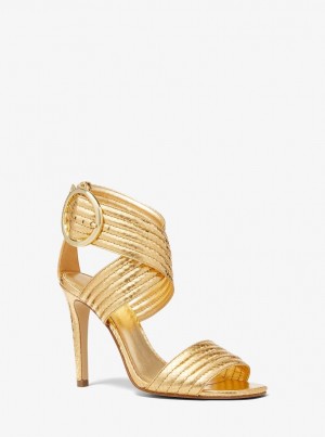 Michael Kors Remi Metallic Snake Embossed Leather Sandal Sandaler Dam Guld | UEBOXQ397