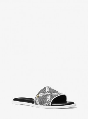 Michael Kors Saylor Empire Logo Jacquard Slide Sandal Sandaler Dam Svarta Vita | AYSLUZ023